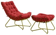 Conjunto Decorativo Poltrona e Puff Caim Base de Ferro Dourado Suede Vermelho G41 - Gran Belo