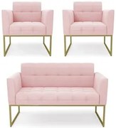 Sofá Namoradeira e 2 Poltronas Base Industrial Dourado Ana Suede Rosa