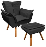 Poltrona e Puff Decorativo Pé Palito de Madeira Opala Corino D03 - D'Rossi - Preto