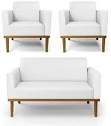 Conjunto 2 Poltronas e 1 Namoradeira Decorativa Isabella Pés Fixo em Madeira Castanho PU Branco G19 - Gran Belo