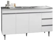 Balcão Gabinete com Pia Inox 150cm 3 Portas 3 Gavetas Andréia Branco -