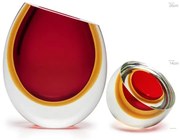 Conjunto com Vaso 96 MS e Centro Gota Diagonal Bicolor Vermelho com Âmbar Murano Cristais Cadoro