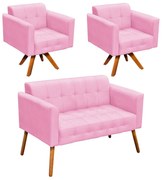 Kit 01 Namoradeira e 02 Poltronas Giratória Elisa Suede Base Madeira MM30 D'Rossi - Rosa Bebê