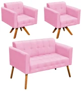 Kit 01 Namoradeira e 02 Poltronas Giratória Elisa Suede Base Madeira MM30 D'Rossi - Rosa Bebê