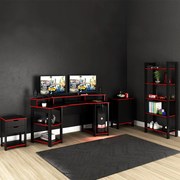 Conjunto Mesa Armário Estante e Gaveteiro para Escritório Home Office Gamer Cool MDP Preto/Vermelho G69 - Gran Belo