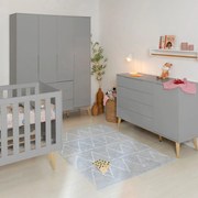 Kit Quarto Infantil com Pés Retrô Natural - Cômoda Elfe 4 Gavetas e 1 Porta + Guarda-Roupa Elfe + Berço Mini Cama Noah - Cinza Fosco