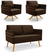 Kit 01 Namoradeira 02 Lugares e 02 Poltronas Mari Suede Base de Madeira MA30 - D'Rossi - Marrom