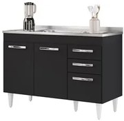 Balcão Gabinete com Pia Inox 120cm 3 Portas 2 Gavetas Suécia Preto - L