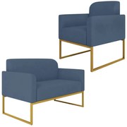 Conjunto Namoradeira e Poltrona Decorativa Isabella Base Industrial Suede Azul Marinho/Dourado G19 - Gran Belo