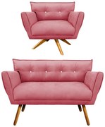 Kit 1 Namoradeira 2 Lugares e 1 Poltrona Giratória Anitta com Strass Suede Pés Palito Castanho - D'Rossi - Rose