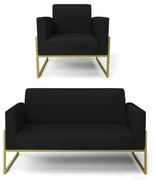 Sofá Namoradeira com Poltrona Base Industrial Alta Dourado Marisa Linho D03 - D'Rossi - A79 Preto