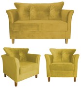 Kit Sofá Namoradeira + 2 Poltronas Ibis Decorativa, Sala Suede Amarelo