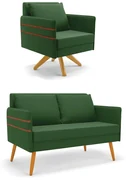 Kit 01 Namoradeira 02 Lugares e 01 Poltrona Mari Suede Base de Madeira MA30 - D'Rossi - Verde