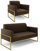 Sofá Namoradeira com Poltrona Base Industrial Alta Dourado Marisa Suede D03 - D'Rossi - Marrom