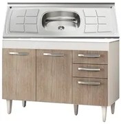 Balcão Gabinete Suécia com Pia Inox 120cm 3 Portas Branco/Castanho - L