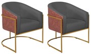 Kit 02 Poltronas Luiza Base de Ferro Dourado Corano Nozes e Linho Chumbo - ADJ Decor