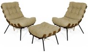 Kit 2 Poltronas Decorativa Costela Com Puff Costela Suede  Nude