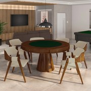 Conjunto Mesa de Jogos Carteado Bellagio Tampo Reversível Verde e 6 Cadeiras Madeira Poker Base Cone Linho OffWhite/Imbuia G42 - Gran Belo