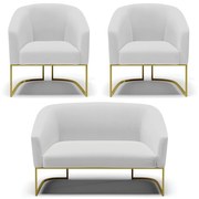 Namoradeira e 2 Poltronas Base Industrial Dourado Stella Linho Cinza A05 D03 - D'Rossi