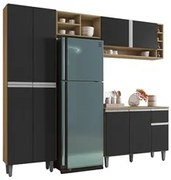 Cozinha Modulada 230cm 4 Peças Balcão e Aéreo Vanessa Amêndoa/Preto -