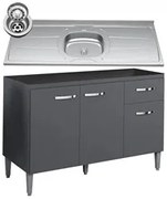 Balcão Gabinete Com Pia Inox 120cm 3 Portas e 1 Gaveta Gabriela Cinza