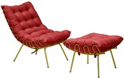 Conjunto Decorativo Poltrona e Puff Abel Base de Ferro Dourada Suede Vermelho G41 - Gran Belo