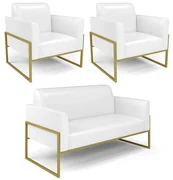 Sofá Namoradeira com 2 Poltronas Base Industrial Alta Dourado Marisa Corano D03 - D'Rossi - Branco