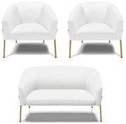 Namoradeira e 2 Poltronas Pé de Ferro Dourado Stella Sintético Branco D03 - D'Rossi