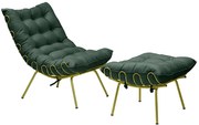 Conjunto Decorativo Poltrona e Puff Abel Base de Ferro Dourada Suede Verde G41 - Gran Belo