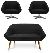 Kit 01 Namoradeira 02 Lugares e 02 Poltronas Giratória Giovana Suede Base Cromada - D'Rossi - Preto