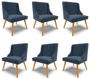 Kit 6 Cadeiras Decorativas Sala de Jantar Pés Palito de Madeira Firenze Suede Azul Marinho/Natural G19 - Gran Belo