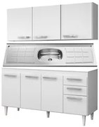 Armário Aéreo Parma e Balcão Gabinete Lisboa com Pia Inox 150cm Branco