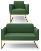 Sofá Namoradeira com Poltrona Base Industrial Dourado Marisa Suede D03 - D'Rossi - Verde