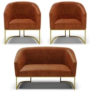 Namoradeira e 2 Poltronas Industrial Dourado Stella Sintético PU D03 - D'Rossi - Nozes