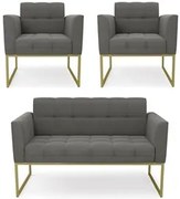 Sofá Namoradeira e 2 Poltronas Base Industrial Dourado Ana Suede Grafi