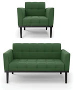 Sofá Namoradeira e Poltrona Base de Madeira Preto Elisa Suede D03 - D'Rossi - Verde
