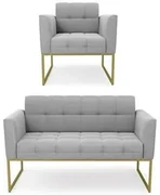Sofá Namoradeira e 1 Poltrona Base Industrial Dourado Ana Suede Cinza