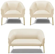 Namoradeira e 2 Poltronas Pé de Ferro Dourado Stella Sintético D03 - D'Rossi - Bege
