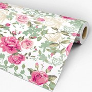 Papel de Parede Floral Rosa e Arabesco Creme