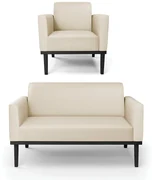Conjunto Poltrona e Namoradeira Decorativa Isabella Pés Fixo em Madeira Preto PU Bege G19 - Gran Belo