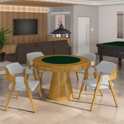 Conjunto Mesa de Jogos Carteado Bellagio Tampo Reversível Verde e 4 Cadeiras Madeira Poker Base Cone Linho Cinza/Mel G42 - Gran Belo