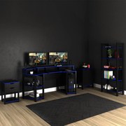 Conjunto Mesa Armário Estante e Gaveteiro para Escritório Home Office Gamer Cool MDP Preto/Azul G69 - Gran Belo