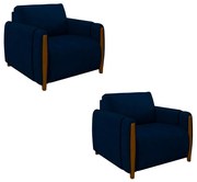 Kit 2 Poltronas Decorativas Pés Madeira Maceió Veludo Azul Marinho G45 - Gran Belo