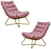 Kit 2 Poltronas Decorativas Sala de Estar Caim Base de Madeira Dourada Suede Rosa G41 - Gran Belo