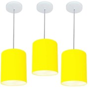 Kit/3 Lustre Pendente Cilíndrico Md-4012 Cúpula em Tecido 18x25cm Amarelo - Bivolt