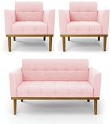 Conjunto 2 Poltronas e 1 Namoradeira Decorativa Karen Pés Fixo em Madeira Castanho Suede Rosa Bebê G19 - Gran Belo