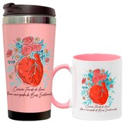 Kit Copo Térmico e Caneca Coração Florido de Amor