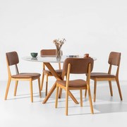 Conjunto Mesa de Jantar Thai Redonda Off White com 4 Cadeiras Lalá Cognac - 1,20m