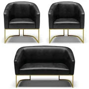 Namoradeira e 2 Poltronas Industrial Dourado Stella Sintético PU D03 - D'Rossi - Preto