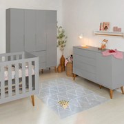 Kit Quarto Infantil com Pés Retrô Mel - Cômoda Elfe 4 Gavetas e 1 Porta + Guarda-Roupa Elfe + Berço Mini Cama Noah - Cinza Fosco